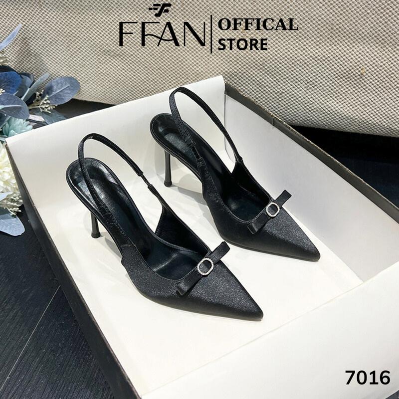 Giày cao gót mũi nhọn hở gót [mềm mại] 7016 FFAN STORE, gót nhọn 7 9 phân bít mũi đính nơ bigsize lụa satin da lộn