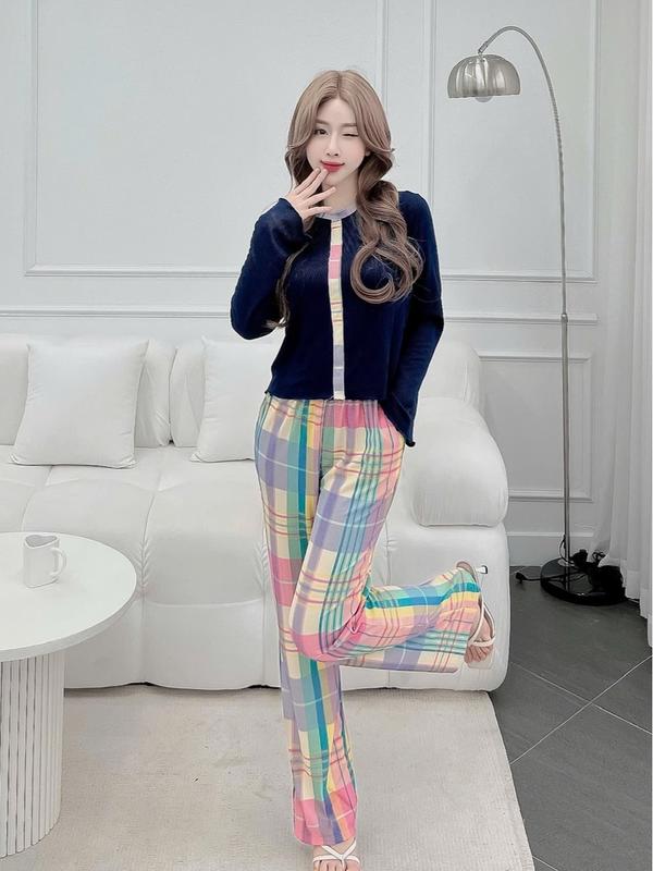 Set đồ bộ thun gân tăm lạnh  mặc nhà,cổ tròn,tay dài,quần dài ống suông