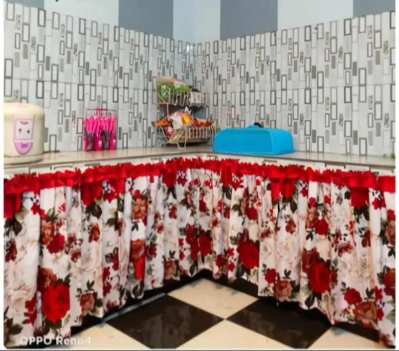 Gorden Kolong Dapur Bawah Wastafel Abu Bunga Pink - Meja Kompor Lebar +- 100 cm x Tinggi 70 cm