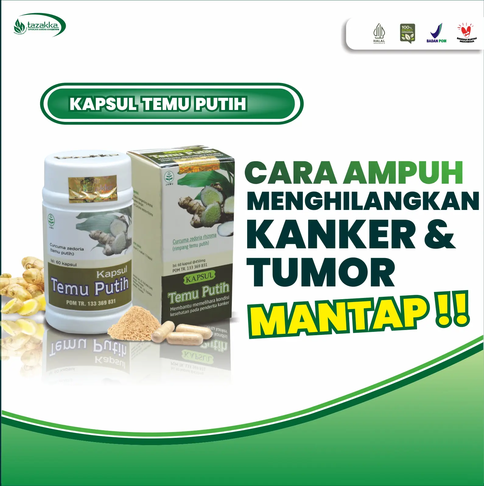 TEMU PUTIH Kapsul Herbal Tazakka Original Halal BPOM Isi 60 Temu putih mengatasi Kanker Kista Ovarium Suplemen Kesehatan Pereda Nyeri haid