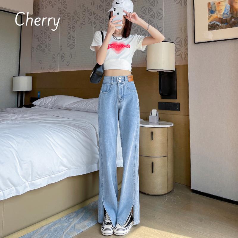 Quần jean nữ ống rộng xẻ gấu CHERRY cạp cao dáng suông 2 cúc, quần bò nữ ống đứng xẻ tà trước chất cotton cao cấp T069