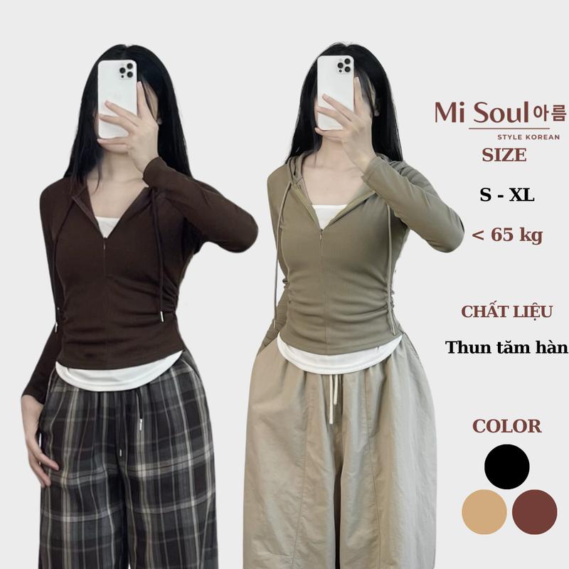 Áo Thun Tăm Dài Tay Nhún Eo Phối 2 Lớp Có Mũ Khóa Kéo Trước BigSize MiSoul Áo Dài Tay Mix Viền Trắng 363 Top Nữ