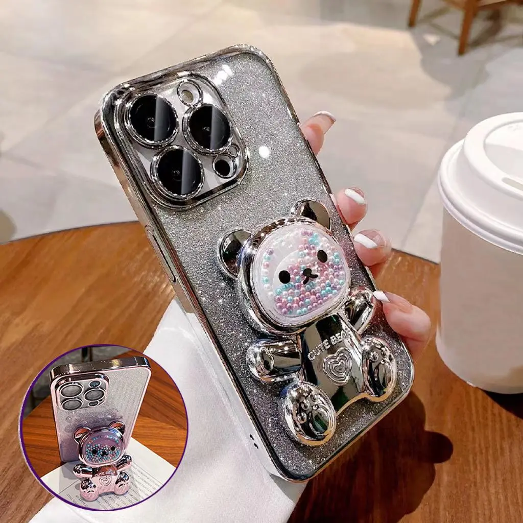 Cute Bear Design Phone Case, 1 Set Decorative Phone Protector with 1 Count Phone Stand & 1 Count Laser Paper, Phone Accessories for iPhone 15 14 13 12 11 Pro Max