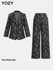YOZY Two-Piece Set Women's All Over Floral Print Button Front Blazer & Wide Leg Suit Pants Set, Elegant Lapel Neck Flap Detail Outerwear & Pocket Plicated Trousers Suit Set for Work Office Business, Ladies Clothes for All Seasons