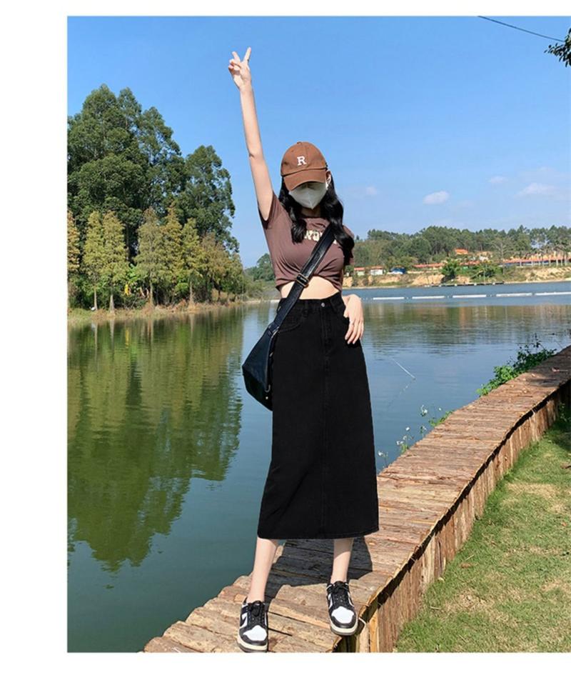 Product Introduction of Chân Váy Denim, Phong Cách Thường Ngày Xẻ Lưng, Dành Cho Phụ Nữ, Dài Trung Bình Thiết Kế Cổ Điển Cạp Cao, Chân Váy Bodycon Hàng Mới Về 3