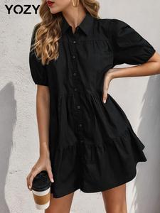 YOZY Women's Plain Button Front Ruffle Hem Shirt Dress, Casual Puff Sleeve Collared Short Dress for Daily Wear, Ladies Clothes for All Seasons
