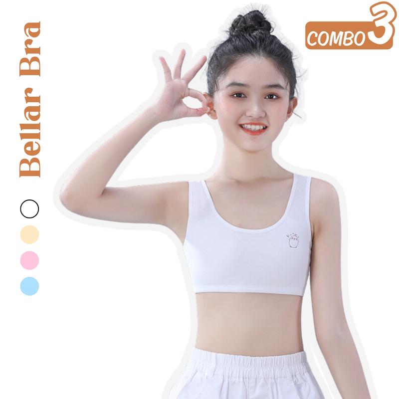 Combo 3 áo lót lá Bellar Bra - Set 3 Áo lót cho bé gái mới lớn (đủ size 22-52kg) cotton 2 lớp, họa tiết dễ thương B341