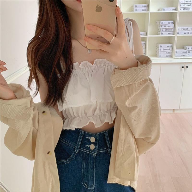 Product Introduction of Women's 2023 New Summer Tank Top with Ruffle Edge Strap Top High Waist Sleeveless Bra and Open Umbilical Top Womenswear Tube Lingerie Comfort Basic Minimalist Spaghetti Strap 8