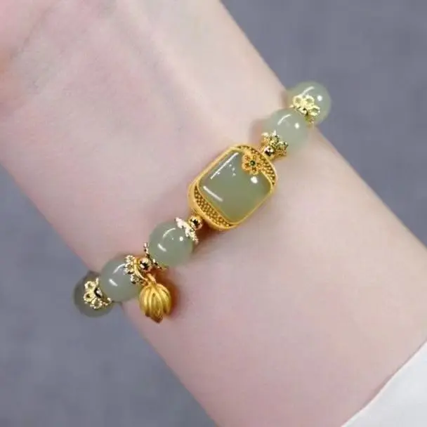 Vòng Tay Mặt Dây Chuyền Hoa Sen, Phong Cách Trung Quốc, Vòng Tay Đính Cườm Cổ Điển Dành Cho Phụ Nữ, Thời Trang, Hoàn Hảo Làm Quà Tặng thạch  anh  tóc  vàng  vòng  tay