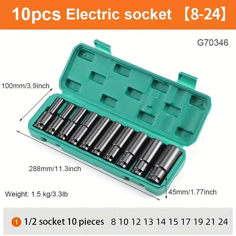 10pcs Set 1/2 Inch 8-24mm Electric Long Socket Wrench Tool Socket Wrench Adapter Hand Tool Car Home Industrial Repair Tool Socket Kit 2