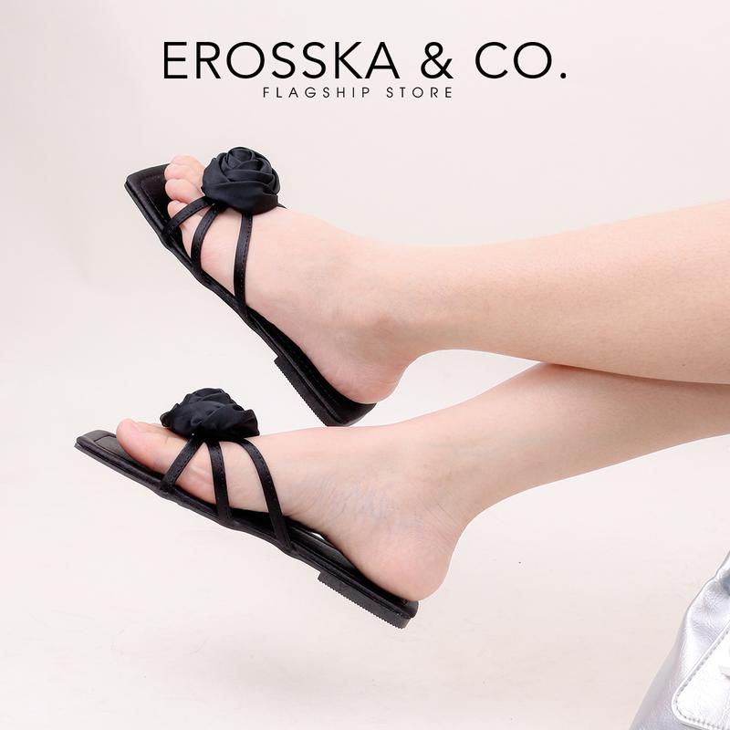 EROSSKA - Dép nữ đế bằng quai dây mũi hở phối hoa kiểu dáng đơn giản cao 1cm màu đen - DE089 2