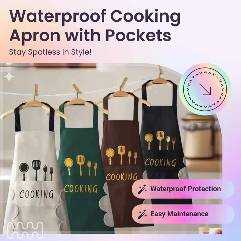 Kitchen Apron, 1 Count Waterproof & Oil-proof Cooking Apron, Utensil Pattern Kitchen Apron, Kitchen Supplies, Household Items 1