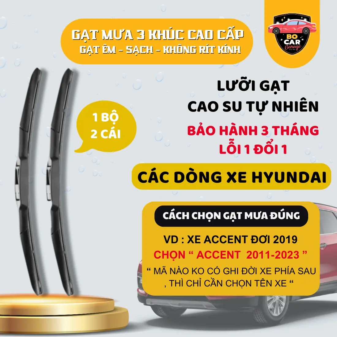 Gạt Mưa 3 Khúc Dòng Xe HyunDai | luoi Gạt Cao Su Cao Cấp Gạt Sạch Trong Kính ,Gạt Êm Không Kêu