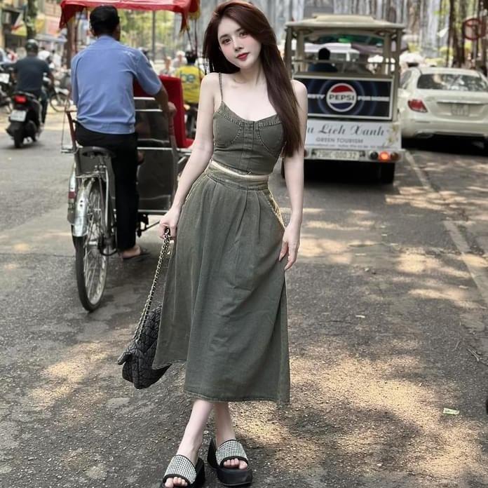 Set áo bò cúp ngực 2 dây + chân váy bò lợ có BIGSIZE