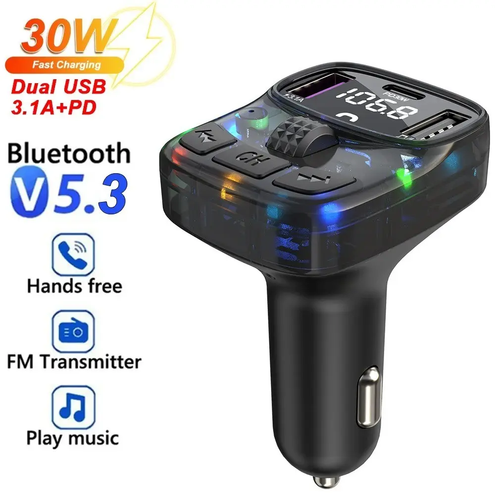 [Ready Stock] Car Bluetooth 5.3 FM Transmitter PD 30W Type-C Dual USB 4.2A Fast Charger Ambient Light Handsfree Radio Modulator MP3 Player Car Audio