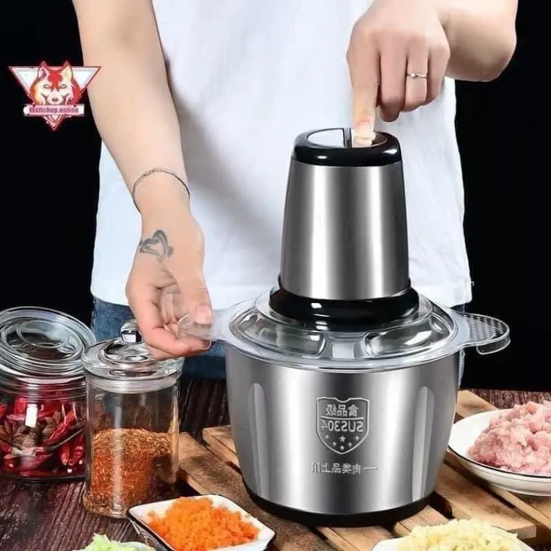 ￼Máy Xay Thịt Đa Năng Cối INOX 304 2L Công Suất 250W, 4 Lưỡi Dao Xay Thịt Cá, Rau Củ, Xay Sinh Tố New
