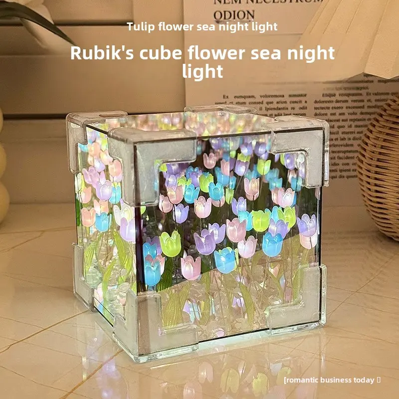 Bộ đèn ngủ tự làm, Thiết kế hoa tulip, Thủ công gương khối lập phương 3D, với hiệu ứng Vườn hoa nở, Trang trí phòng ngủ lãng mạn thủ công, Quà tặng sinh nhật sáng tạo cho bạn gái / Vợ, bao gồm đèn dây LED và lắp ráp câu đố 3