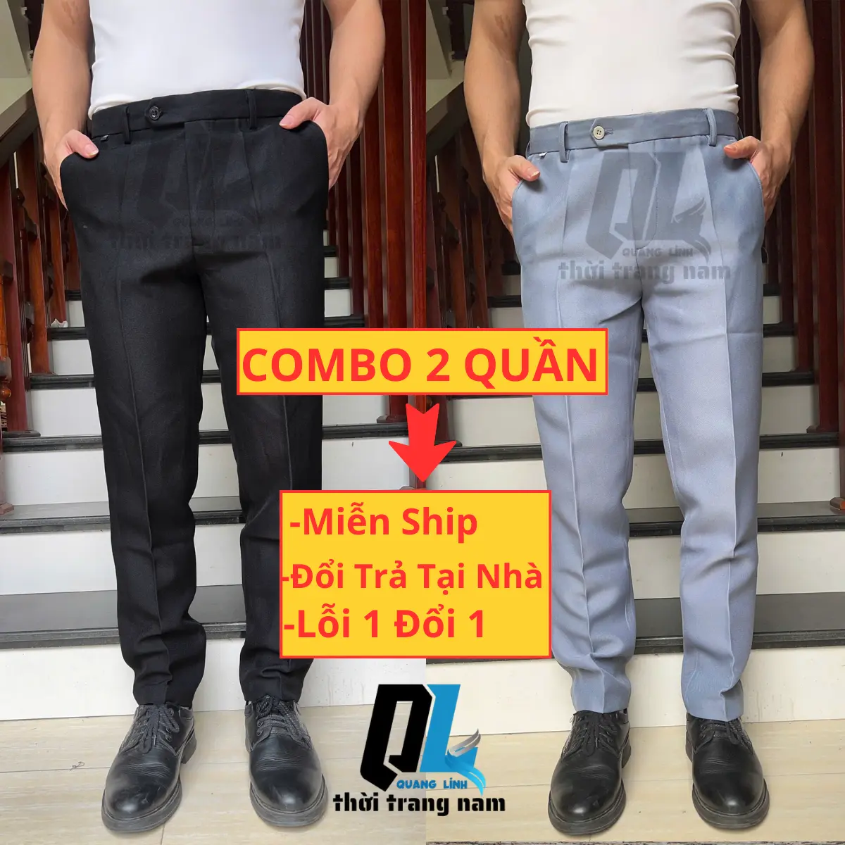 COMBO 2 Quần Âu Nam - Quần tây nam chất vải cotton dầy dặn, không nhăn,không xù ống dáng trẻ Hàn Quốc Trơn Ôm gọn (không co giãn) Ong  Pants Menswear