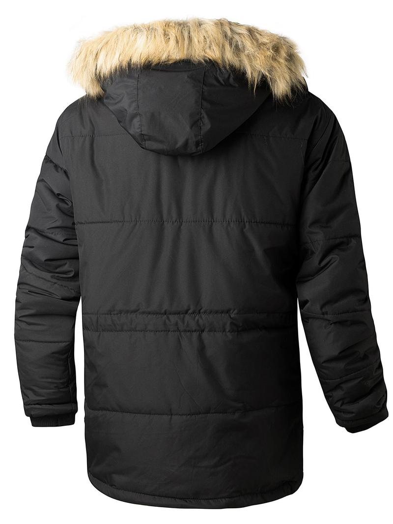 Product Introduction of Men's Flap Pockets Button Front Thermal Lined Hooded Coat, Slim Fit Casual Fuzzy Trim Zipper Warm Coat, Men Winter Coats, Men's Outerwear for Daily Wear 2
