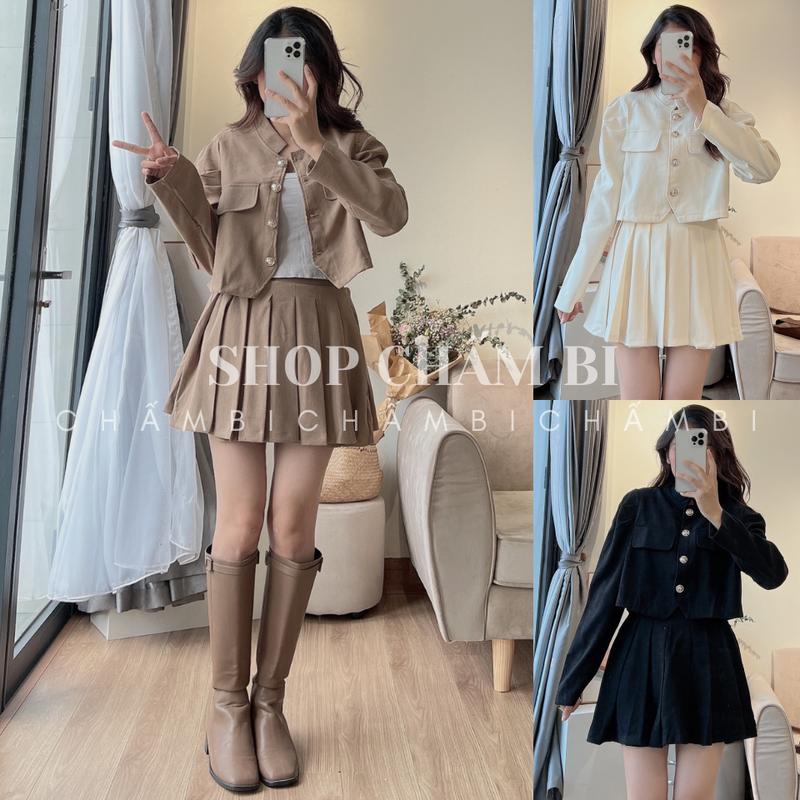 Set đồ nữ sang chảnh S.101, Áo khoác dài tay croptop tay bồng cổ tàu túi giả kèm chân váy xếp ly chun sau - Shop Chấm Bi