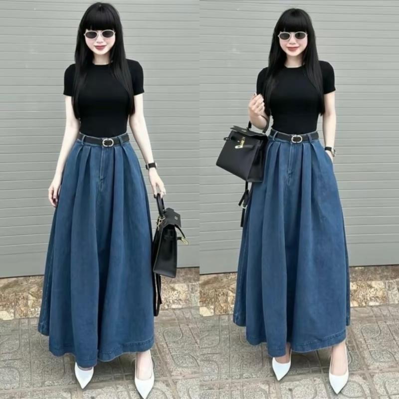 Set 3 Món Chân Váy Jean Dài Xếp Li - Áo Tăm Hàn Cổ Vuông - Cổ Tim - Cổ Tròn - ( Đi Kèm Dây Lưng, Váy Ko Có Túi) Nữ Top