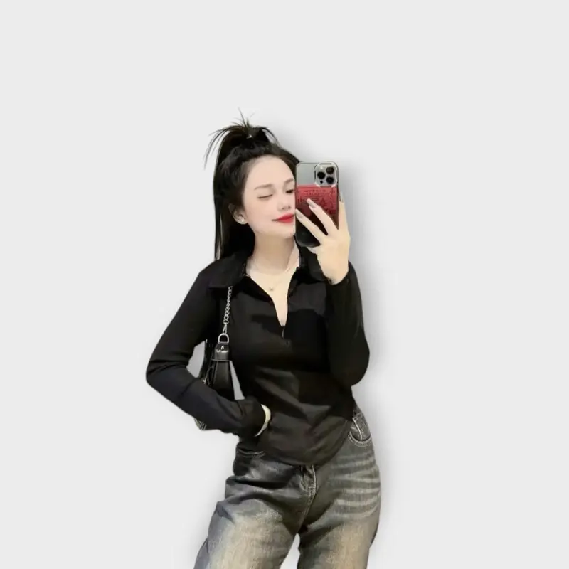 Áo thun ôm body nữ Tay Dài cổ bẻ phối khoá  kéo Women 0