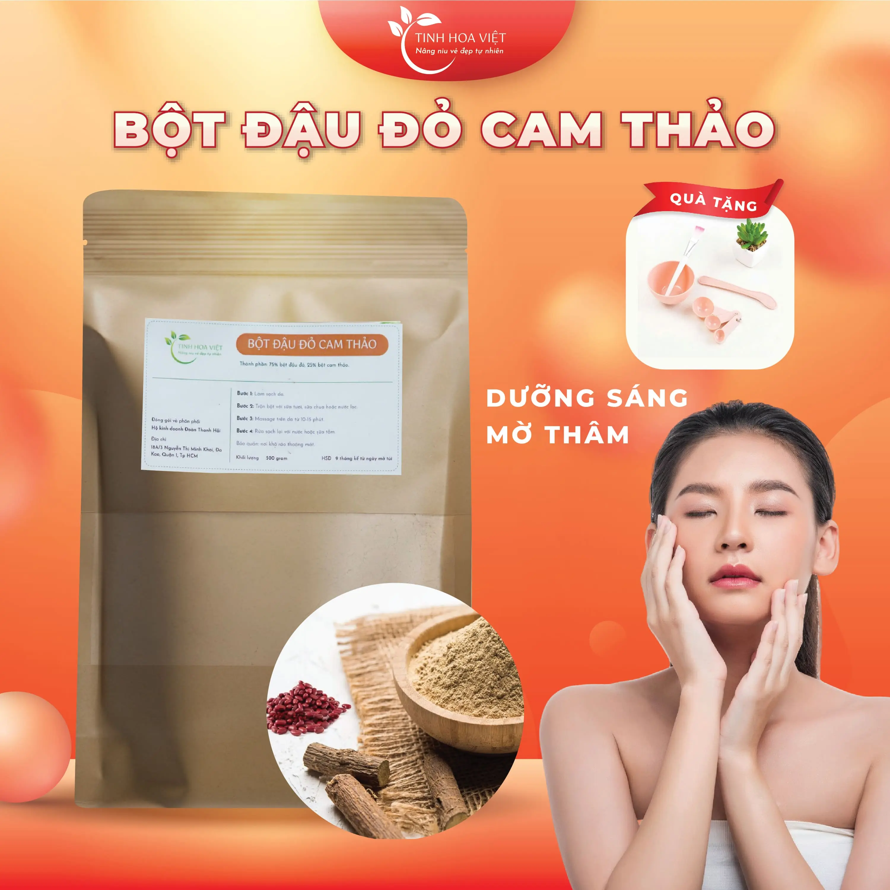 Bột đậu đỏ cam thảo sáng da mờ thâm giảm đốm nâu 500g tinhhoaviet