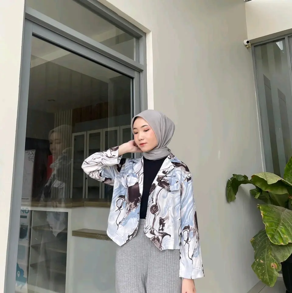 Blazer Marbel Crop Motif / Blazer Crop korean Style Formal Katun Panjang Rayon Wanita