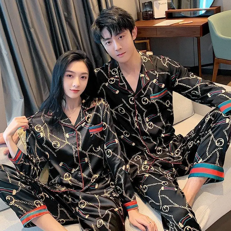 Bộ Đồ Ngủ Cho Cặp Đôi, Dành Cho Mùa Xuân Và Mùa Thu, Chất Liệu Lụa Lạnh Mỏng, Dài Tay, Ngoại Cỡ, Ngoại Cỡ, Thích Hợp Cho Nam Và Nữ, Làm Bằng Lụa Nhân Tạo, Bộ Đồ Mặc Ở Nhà Mùa Hè