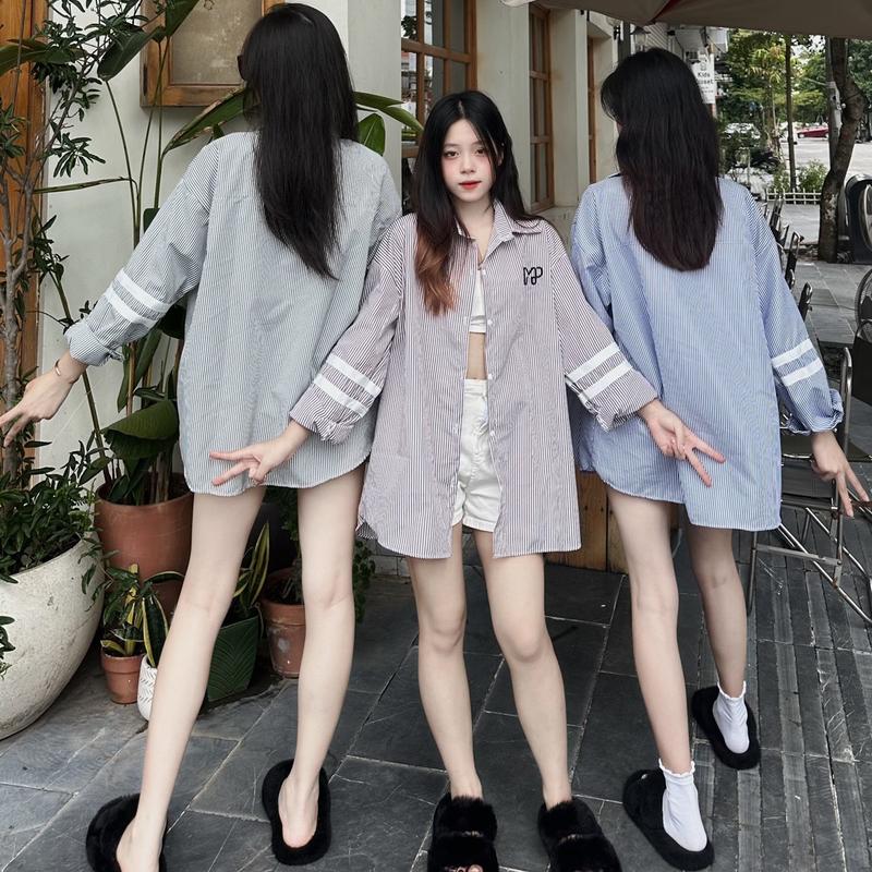 Áo Sơ Mi Kẻ Sọc Vạch Tay Trắng Thêu MP Nam Nữ Hot 2023