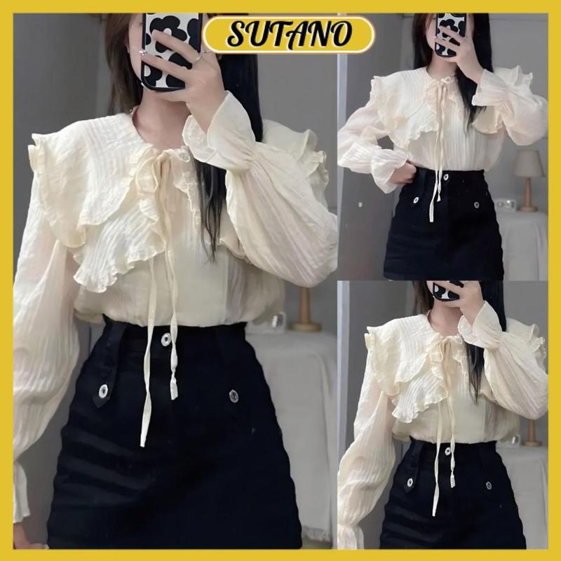 Áo sơ mi nữ cổ bèo chun tay,áo sơ mi kiểu nữ bánh bèo chất đũi gân cao gấp A670 SUTANO