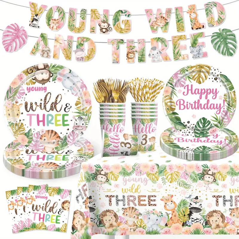 Jungle Themed Birthday Party Decoration Set, 72pcs/set Including Happy Birthday Banner, Plate, Napkin, Fork, Straw, Cup, Tablecloth, Party Supplies, Gifts 0