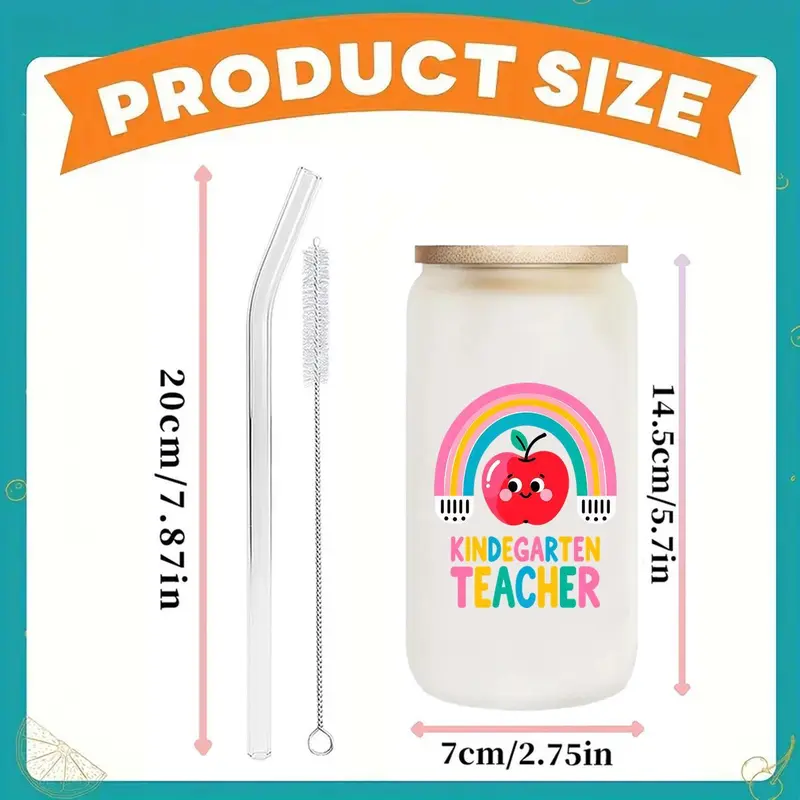 16oz Glass Cup with Straw & Brush, 1 Count Cute Cartoon Pattern Glass Cup, Drinking Cup for Home Office School, Gift for Kindergarten Teacher, Drinkware 1