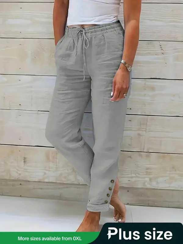 【Plus Size】 Solid Color Button Decor Pants, Casual Comfy Trousers for Daily Wear, Women's Bottoms for Summer 0