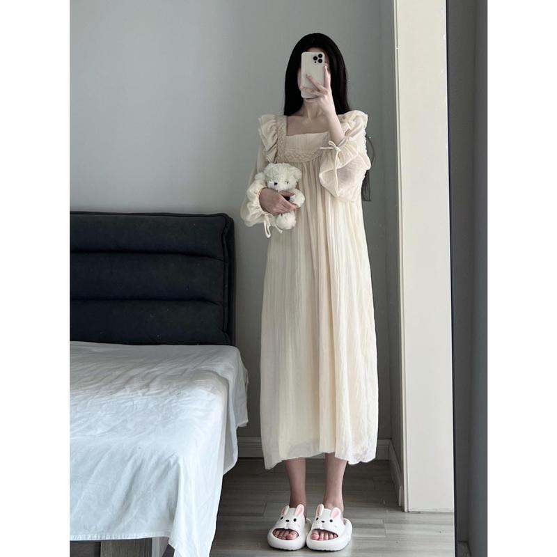 Váy Ngủ Dài Tay, Dành Cho Nữ, Bộ Sưu Tập Mùa Xuân Và Mùa Thu, Hàng Mới Về, Phong Cách Ngọt Ngào, Màu Trơn Nơ Ren Cao Cấp, Váy Ngủ Xếp Ly, Thích Hợp Mặc Nhà, 2025 4