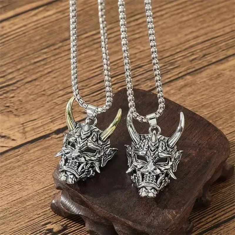 Topeng Prajna Vintage Gelap Kalung Baja Titanium Pria Tanduk Panjang Raja Kalung Stainless Steel 4