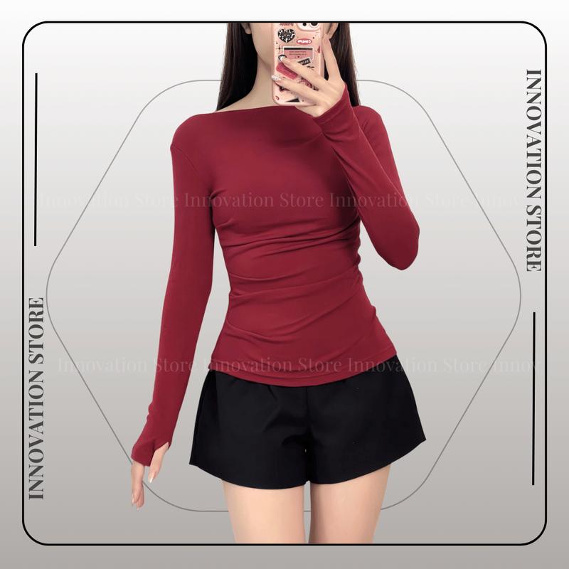  Áo thun nữ dài tay cổ thuyền mặc được 4 kiểu chất liệu cao cấp COTTON ZIP co giãn 4 chiều mềm mịn 194 Top Women 