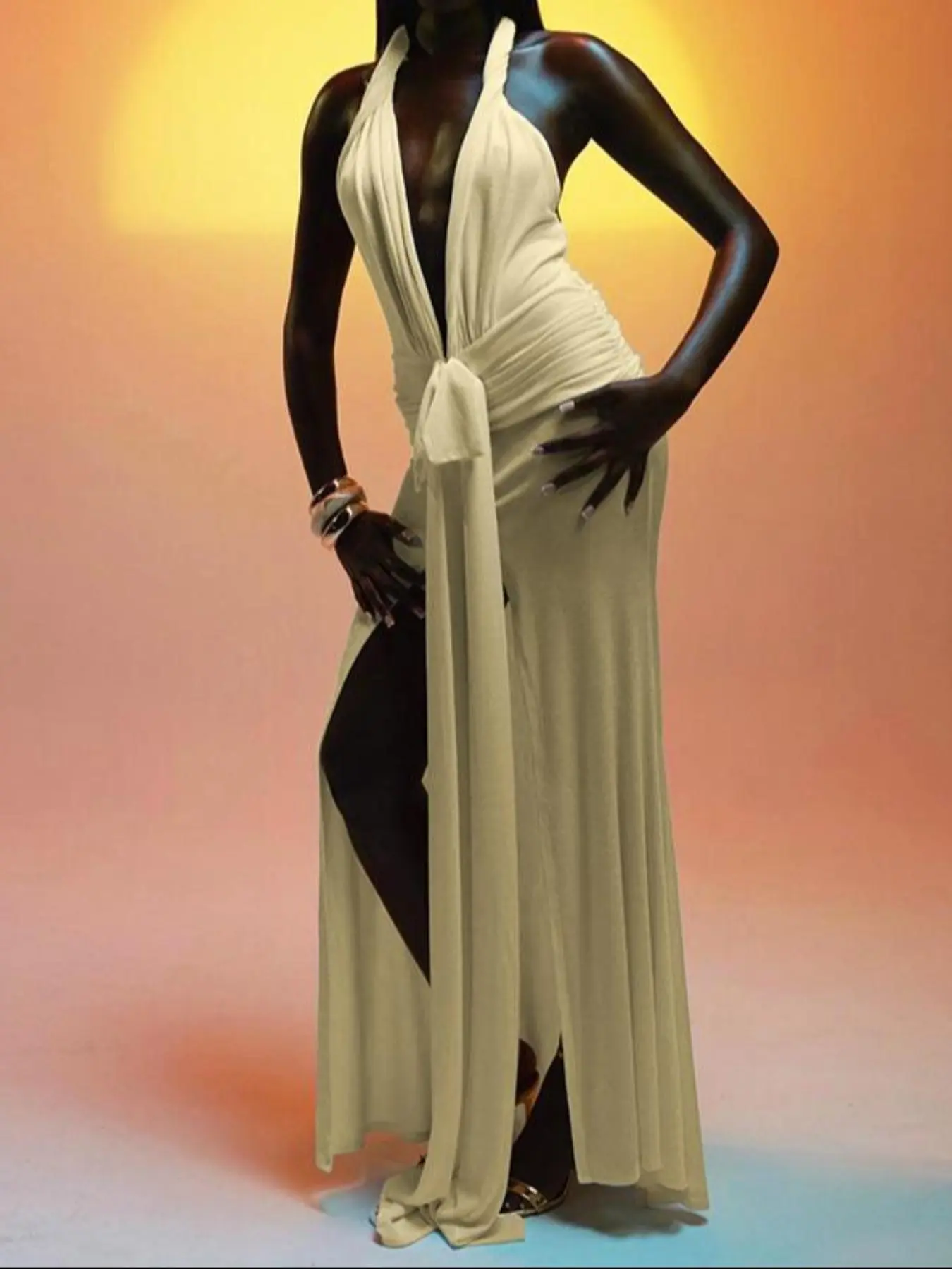 Women's Solid Color Backless Halter Dress, Elegant Fashion Casual Deep V Neck Split Hem Dress for Party Club Dating Wear, Women Dress for Summer