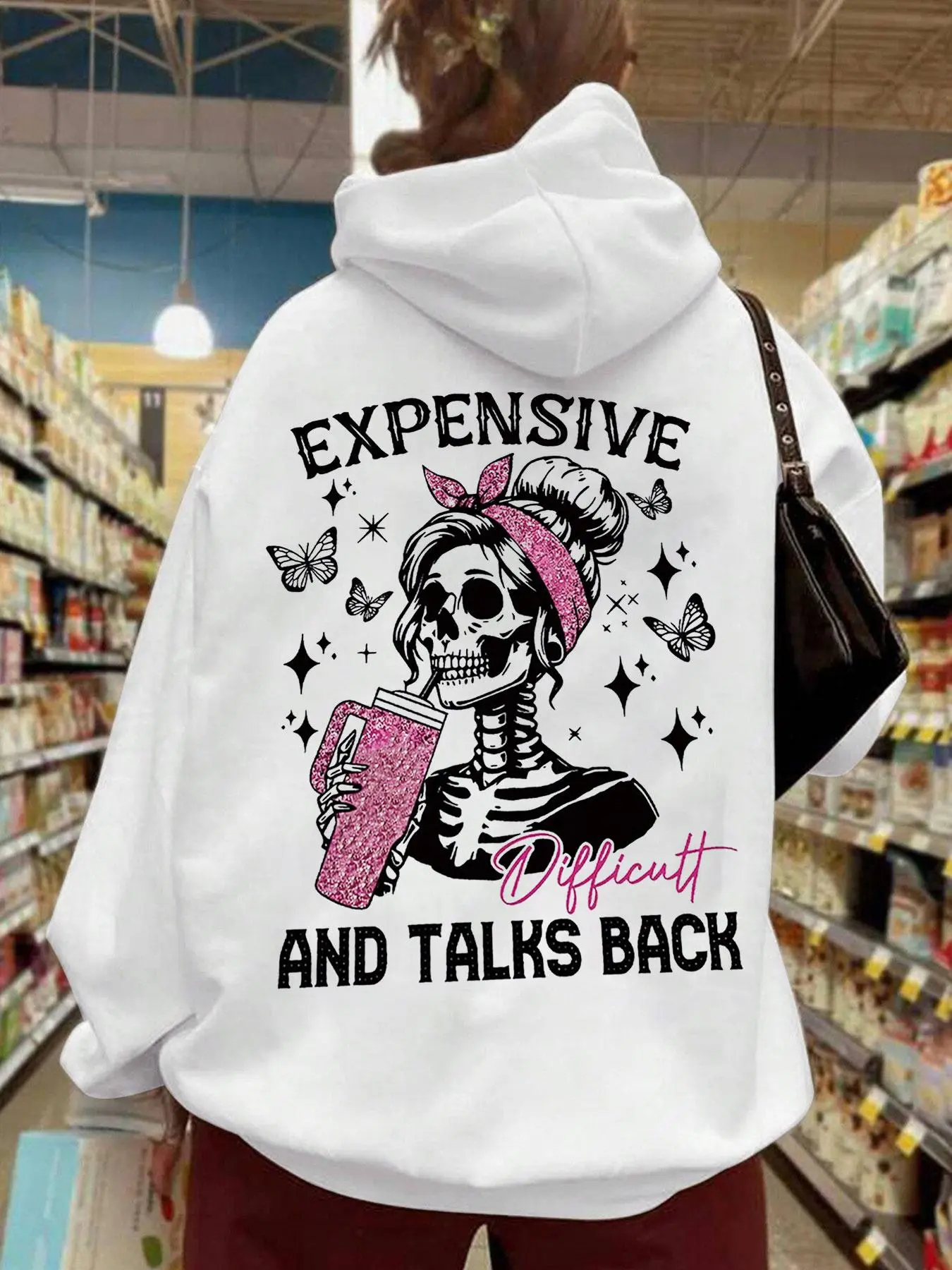 Women's Halloween Cartoon Butterfly & Skeleton Print Drop Shoulder Thermal Lined Hoodie, Fashion Casual Drawstring Pocket Hooded Sweatshirt for Daily Wear, Women Clothing for Fall & Winter