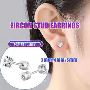 3/4/5mm Anting baja titanium Titanium Alami, Tanpa Pelapisan Dilengkapi dengan kancing zirkon bulat