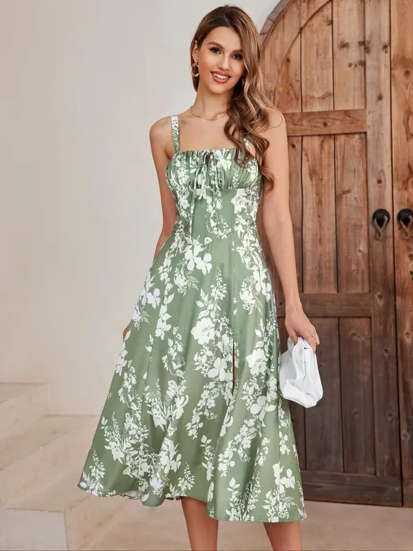 Women's Floral Print Ruched Split Thigh Dress, Elegant Sleeveless Midi Dress for Summer, Ladies Clothes for Beach Holiday, Womenswear, Dresses for Summer 2