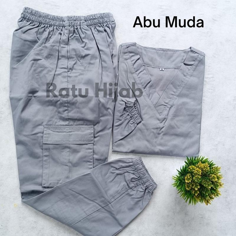 [RatuHijabCilacap] Baju Ok Oka Celana Jogger Cargo Lengan Panjang Karet Bahan American Drill Wanita Setelan Kerah V 3