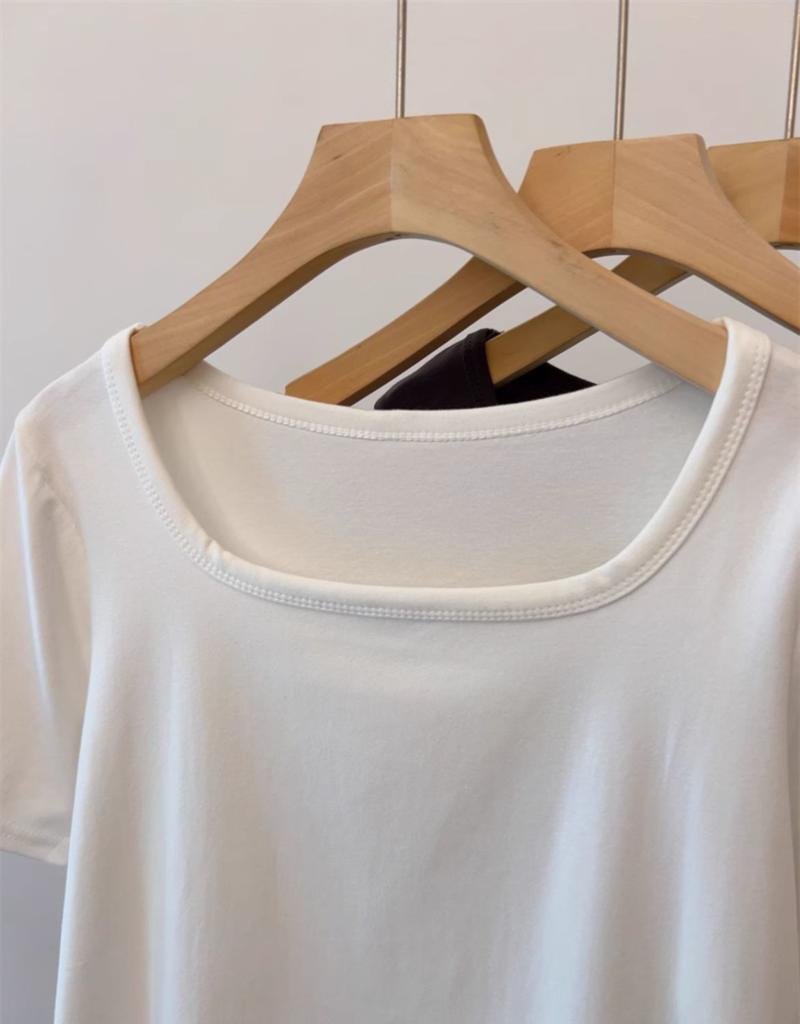 Product Introduction of Quần Áo Nữ Cotton ngoại Cỡ Ins-2024-Ins, Áo Thun Ngắn Tay Dáng Rộng Và Bất Đối Xứng Mùa Hè Cho Cô Gái Đầy Đặn Áo Dài Qua Gối Cổ Vuông Mới OOTD 5