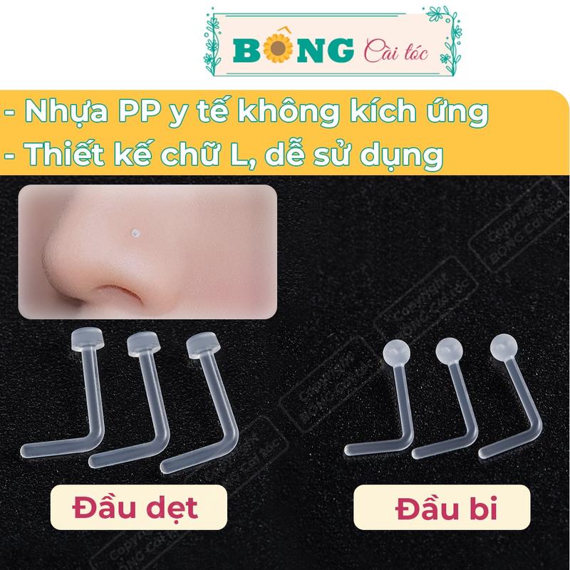  Set kèm hộp khuyên mũi chữ L nhựa sinh học trong suốt giữ lỗ không gây kích ứng KMU30 - khuyên nhựa BÔNG Cài Tóc 