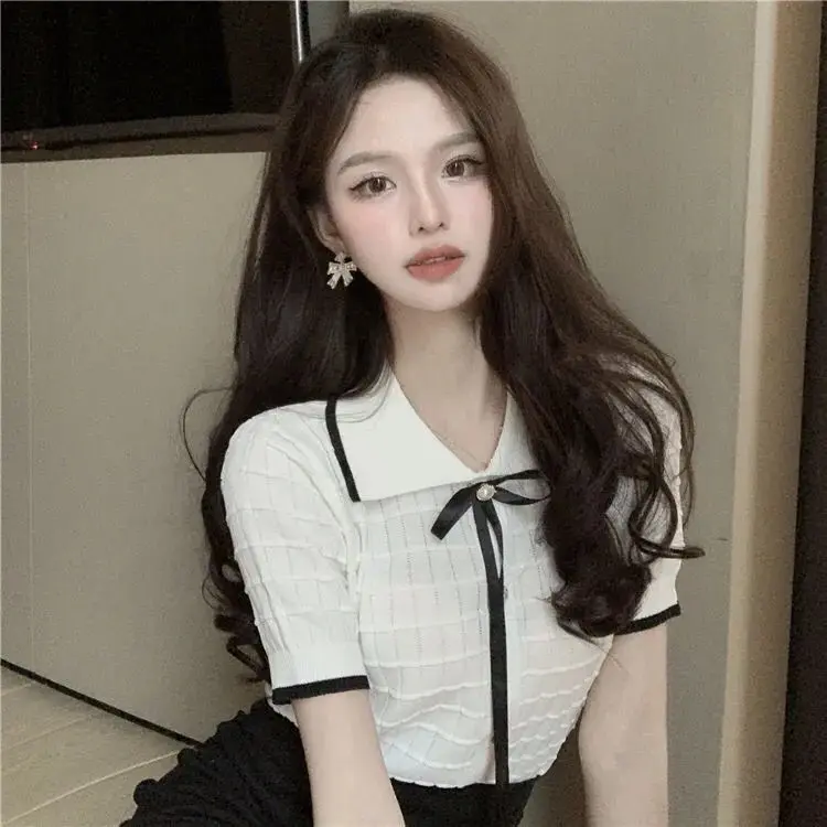 Áo Phông ngắn Tay Áo Cổ Polo, Phong Cách Cổ Điển, Dành Cho Mùa Hè Của Phụ Nữ, Áo Ve Áo, Thiết Kế Nơ Buộc Dây Áo Len, Ngọt Ngào