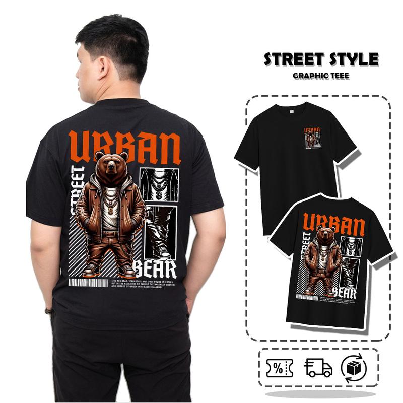 Áo Thun Nam Nữ Cổ Tròn Tay Ngắn Big Size Cotton 100% Đen In Hình Gấu