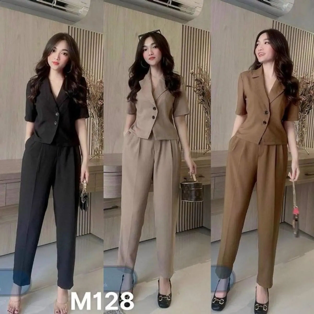 Set áo vest tay ngắn quần dài trơn dạo phố chất liệu cotton lạnh Nữ Women