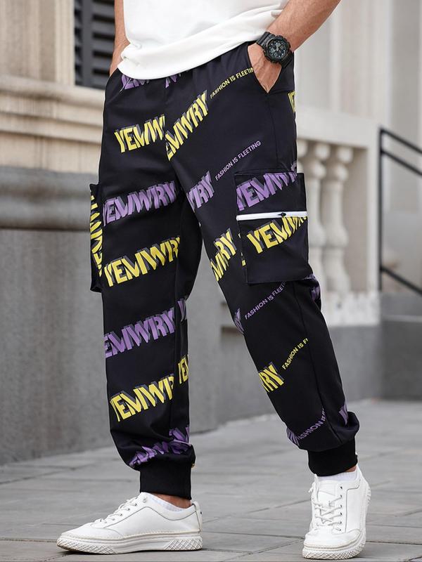 Men's Regular Fit Letter Print Cargo Pants, Casual Street Comfy Trousers for Gym Workout Running, Fashion Men's Bottoms for All Seasons 4