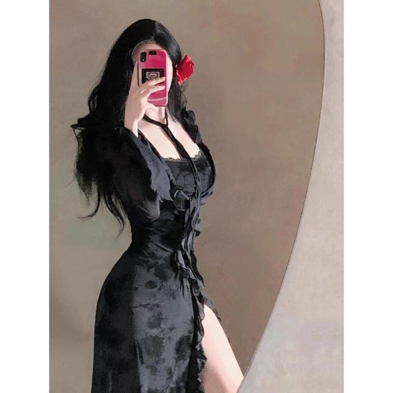 Váy Ren, Phong Cách Pháp, Ren Jacquard Màu Đen, Dây Đeo Spaghetti, Dáng Ôm, Váy Midi Cô Gái Nóng Bỏng, Váy Xẻ Tà Bó Sát Eo, Dễ Thương Và Gợi Cảm Voan Dress 3