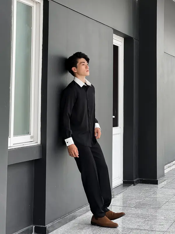 Áo sơ mi nam đen trắng cách điệu phối cổ hiện đại phong cách Hàn Quốc thương hiệu BAETON -S04 4